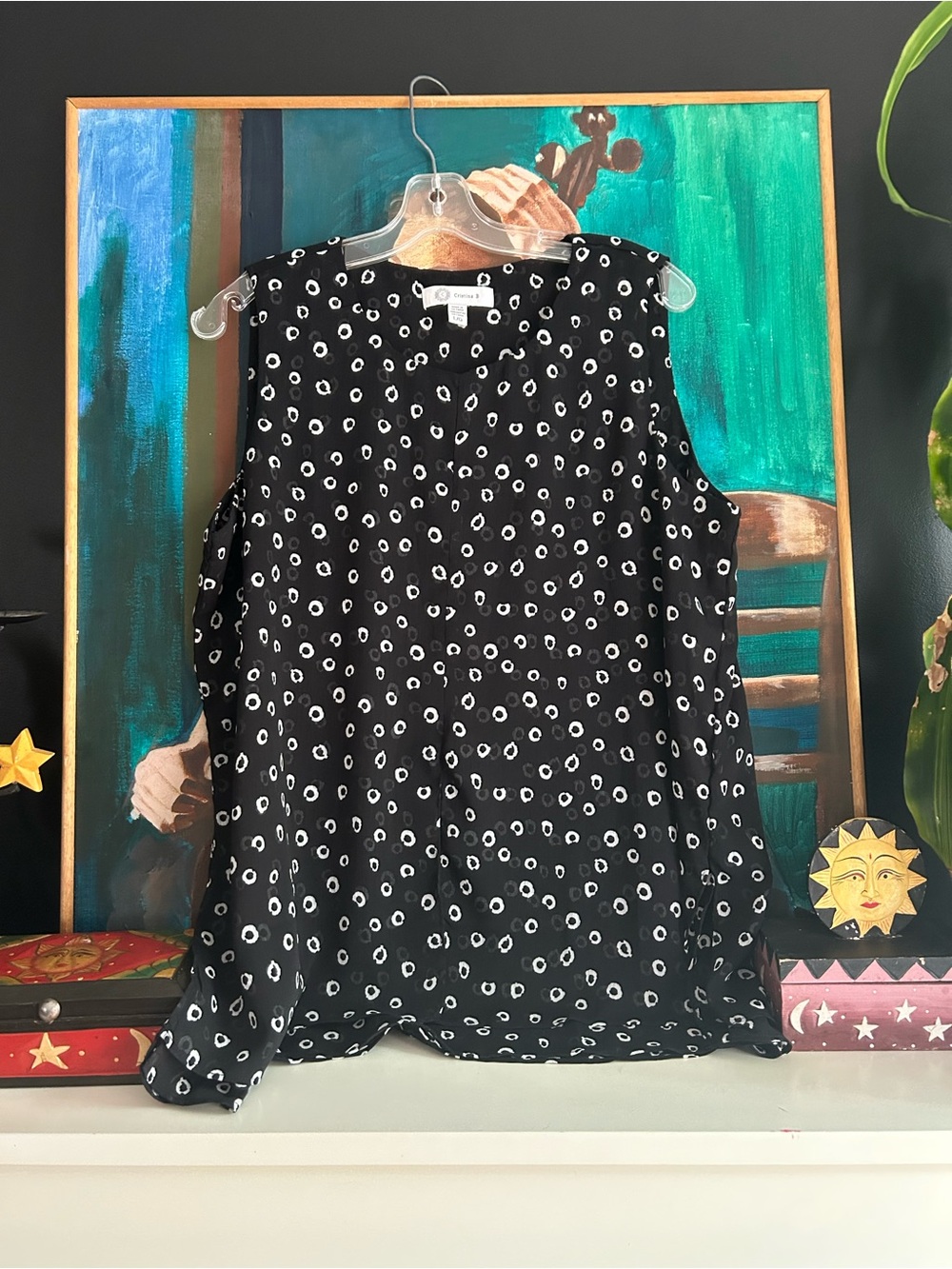 Cristina B L/XL Black White Abstract Polka Dot Sleeveless Blouse Artsy Boho